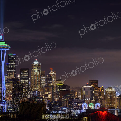 Illuminated cityscape, Seattle, Washington, United States