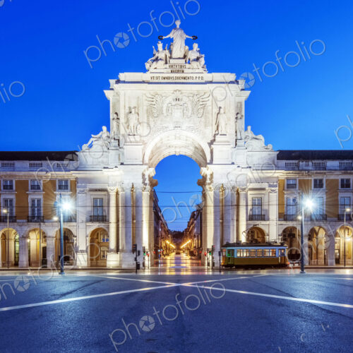 Illuminated ornate archway in Commerce Square, Lisbon, Lisbon, Portugal