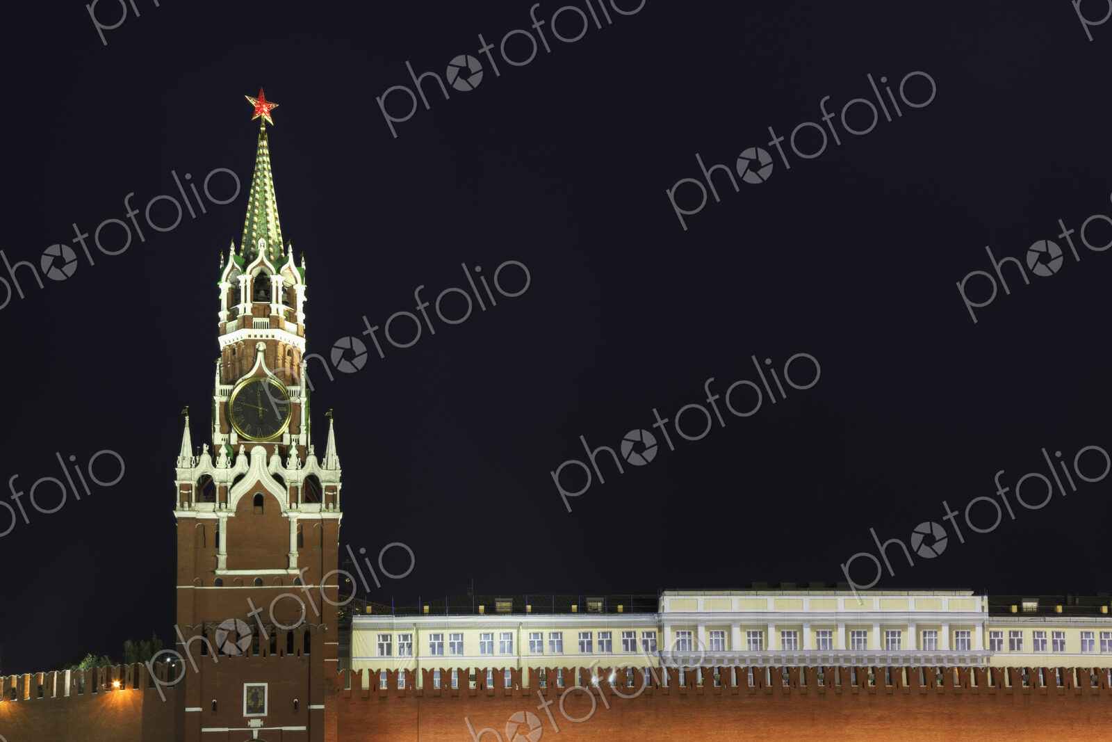 Illuminated ornate building, Moscow, Russia