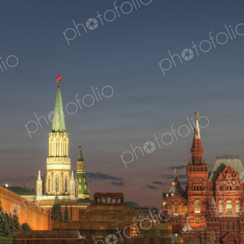 Illuminated ornate buildings, Moscow, Russia Illuminated ornate buildings, Moscow, Russia