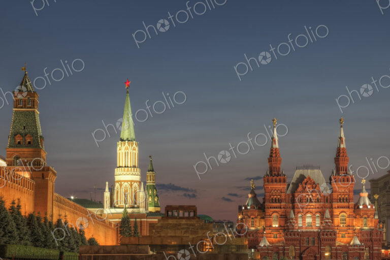 Illuminated ornate buildings, Moscow, Russia