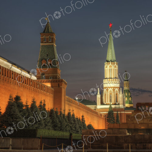 Illuminated ornate buildings, Moscow, Russia Illuminated ornate buildings, Moscow, Russia