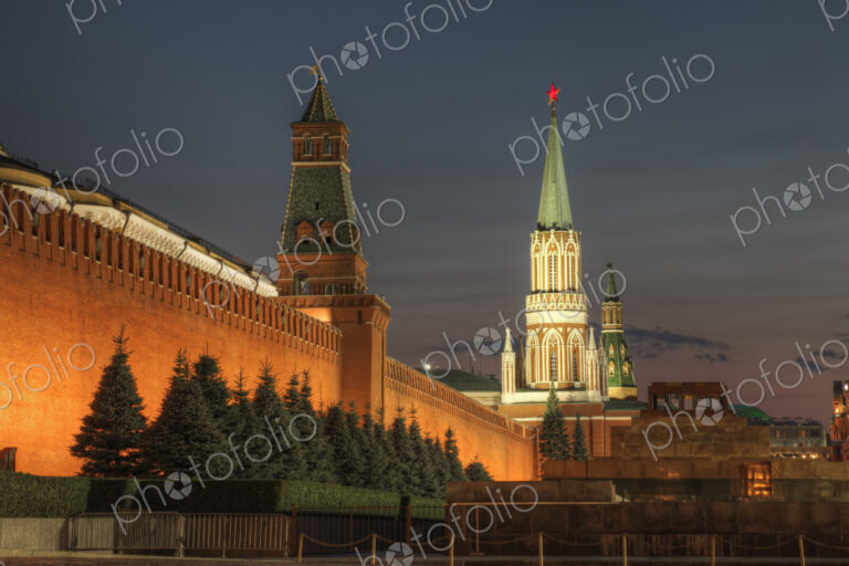 Illuminated ornate buildings, Moscow, Russia