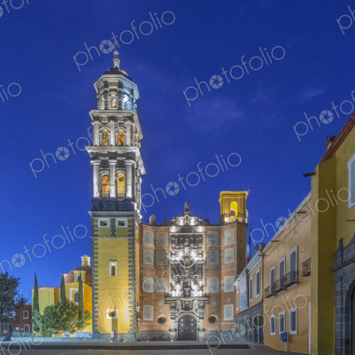 Illuminated tower and Church of San Francisco, Puebla, Puebla, Mexico