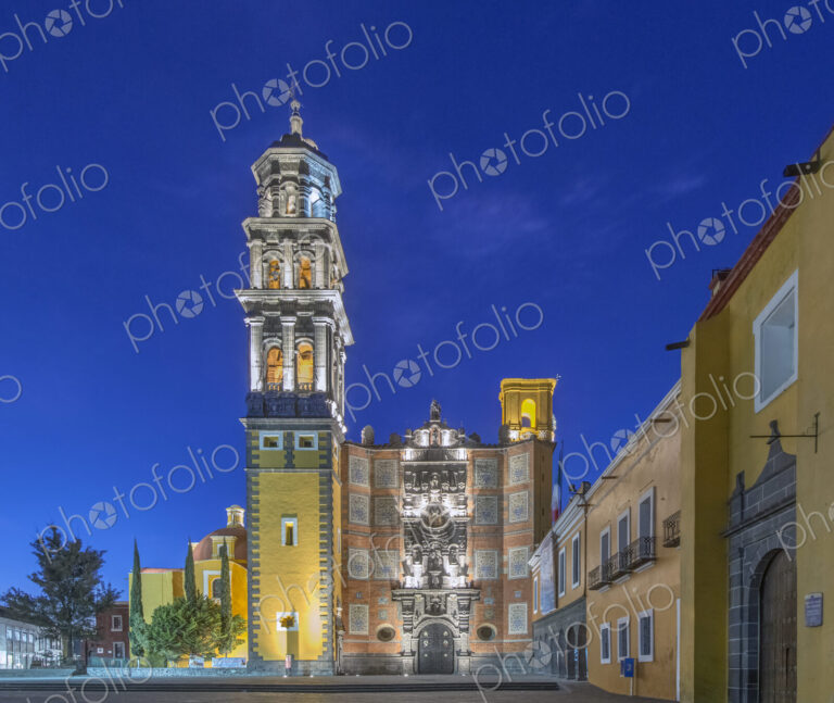 Illuminated tower and Church of San Francisco, Puebla, Puebla, Mexico