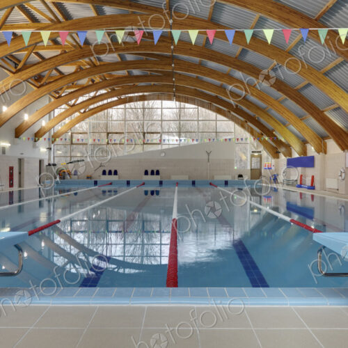 Indoor swimming pool, starting block, diving block and marked lanes, flat calm water Indoor swimming pool, starting block, diving block and marked lanes, flat calm water