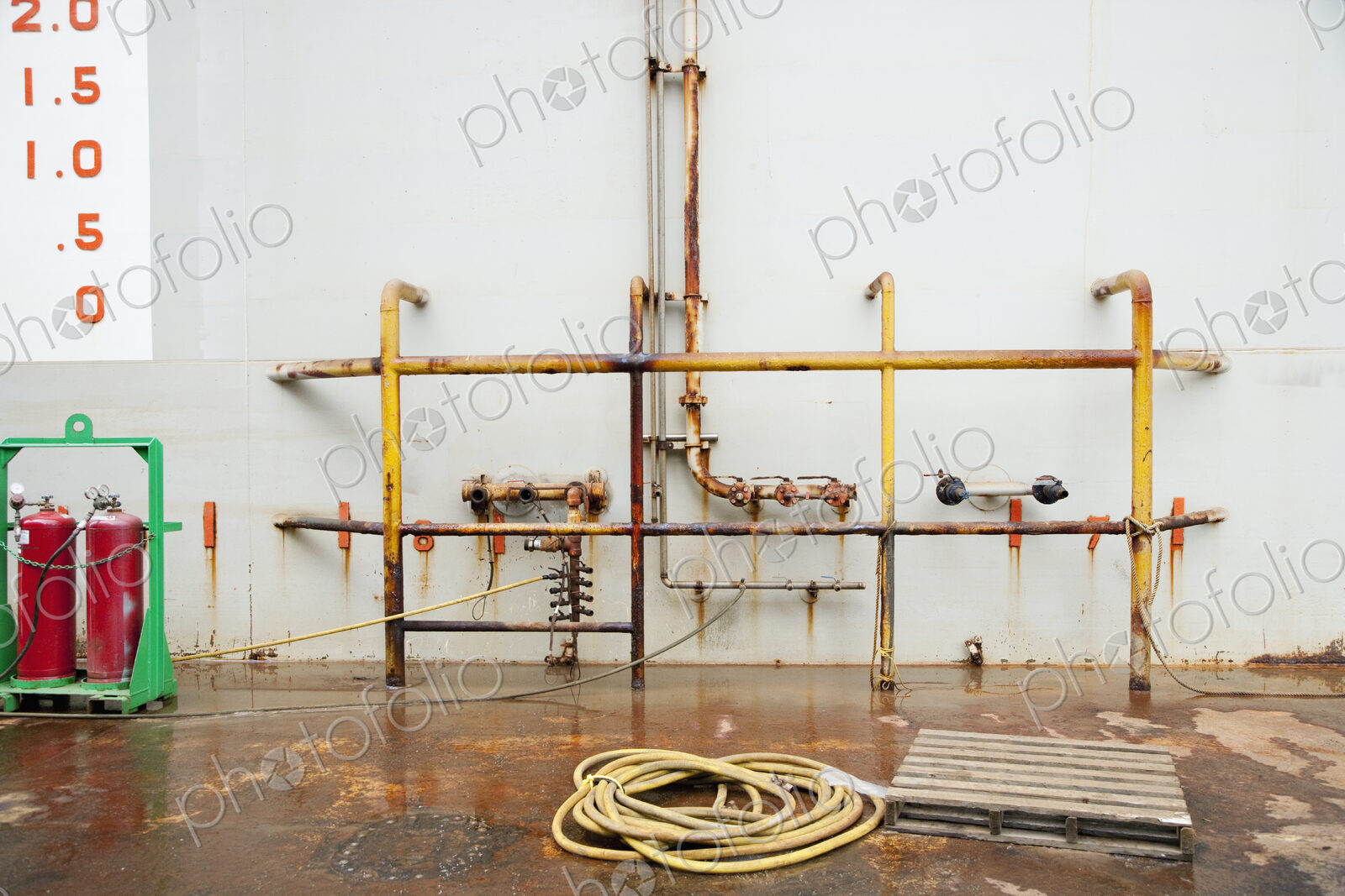 Industrial Building, pipework and ropes and two gas cannisters