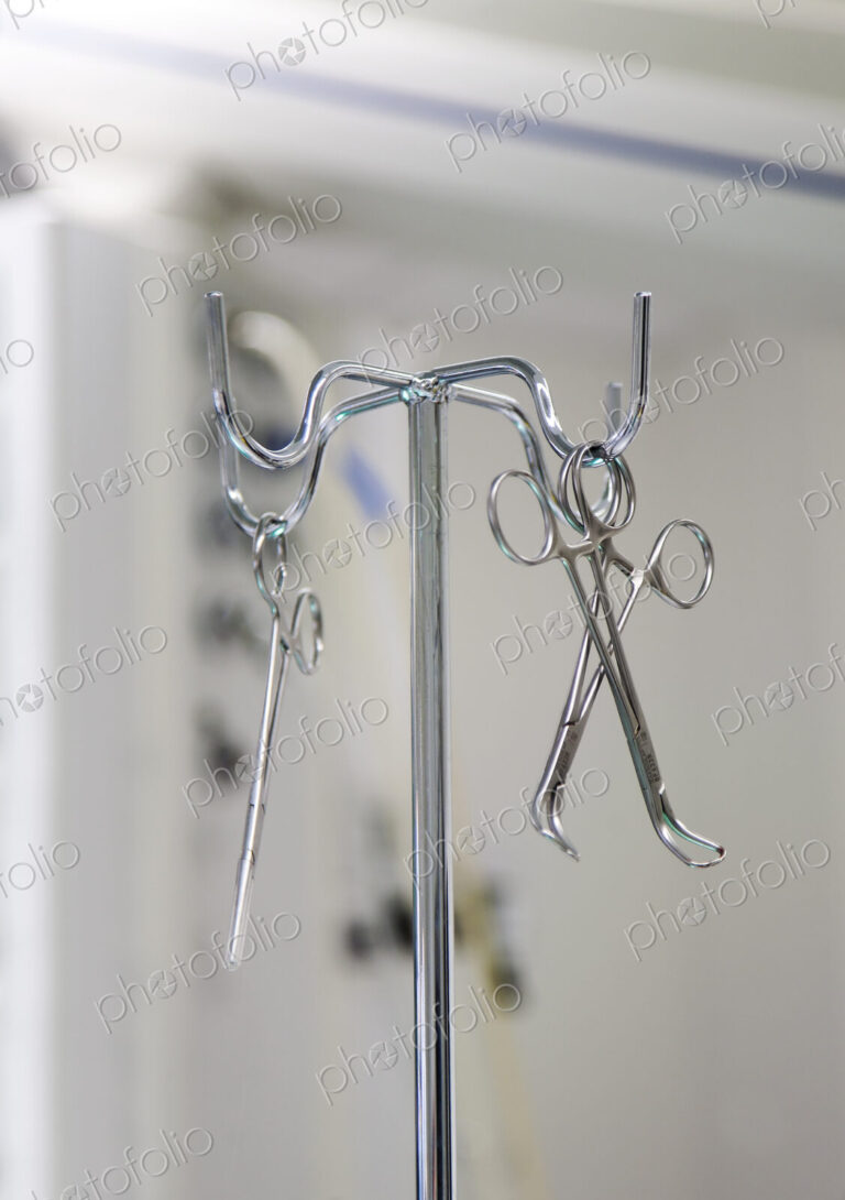 Instruments on a metal stand in an operating theatre in a new hospital.