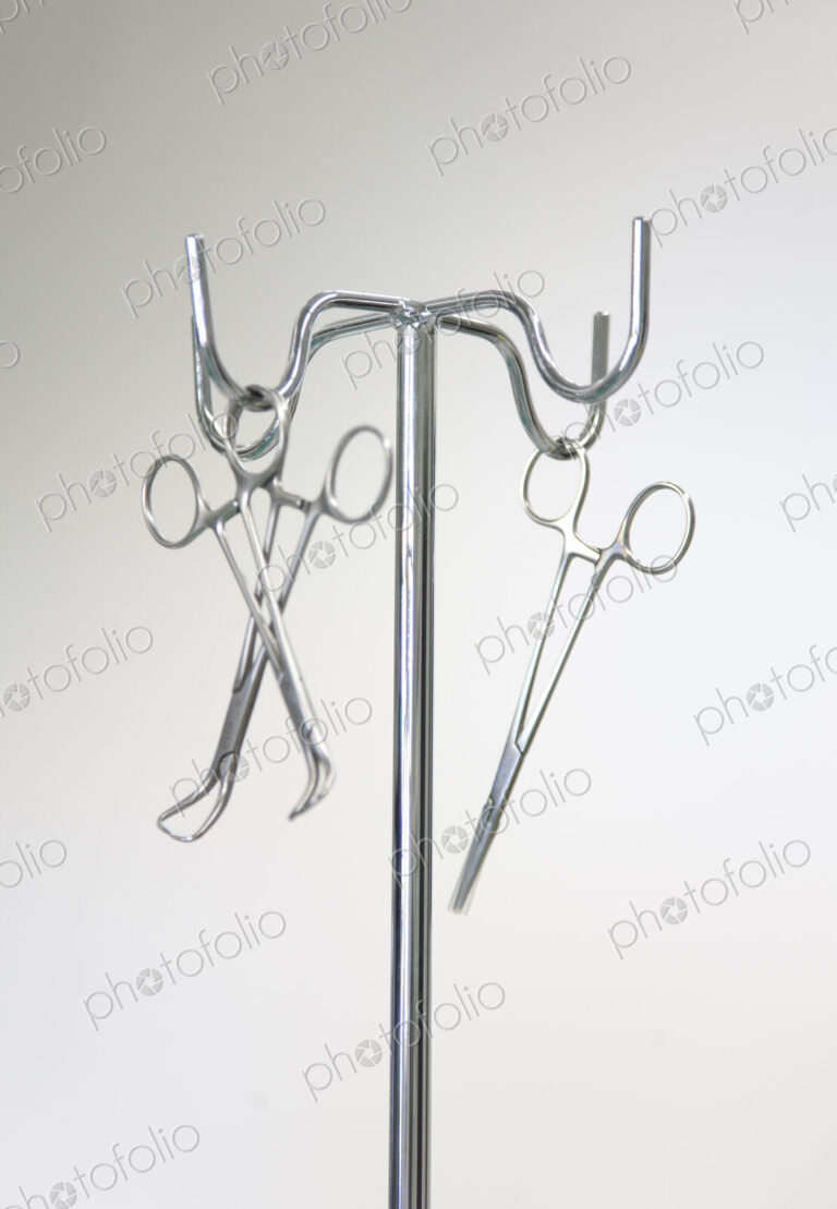 Instruments on a metal stand in an operating theatre in a new hospital.