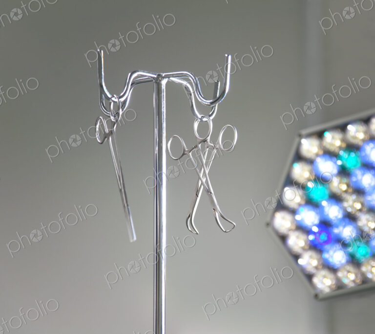 Instruments on a metal stand in an operating theatre in a new hospital.