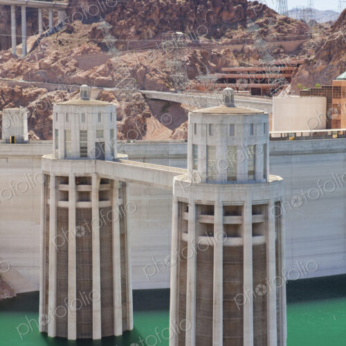 Intake tower and pedestrian bridge at Hoover Dam and Lake Mead. Intake tower and pedestrian bridge at Hoover Dam and Lake Mead.
