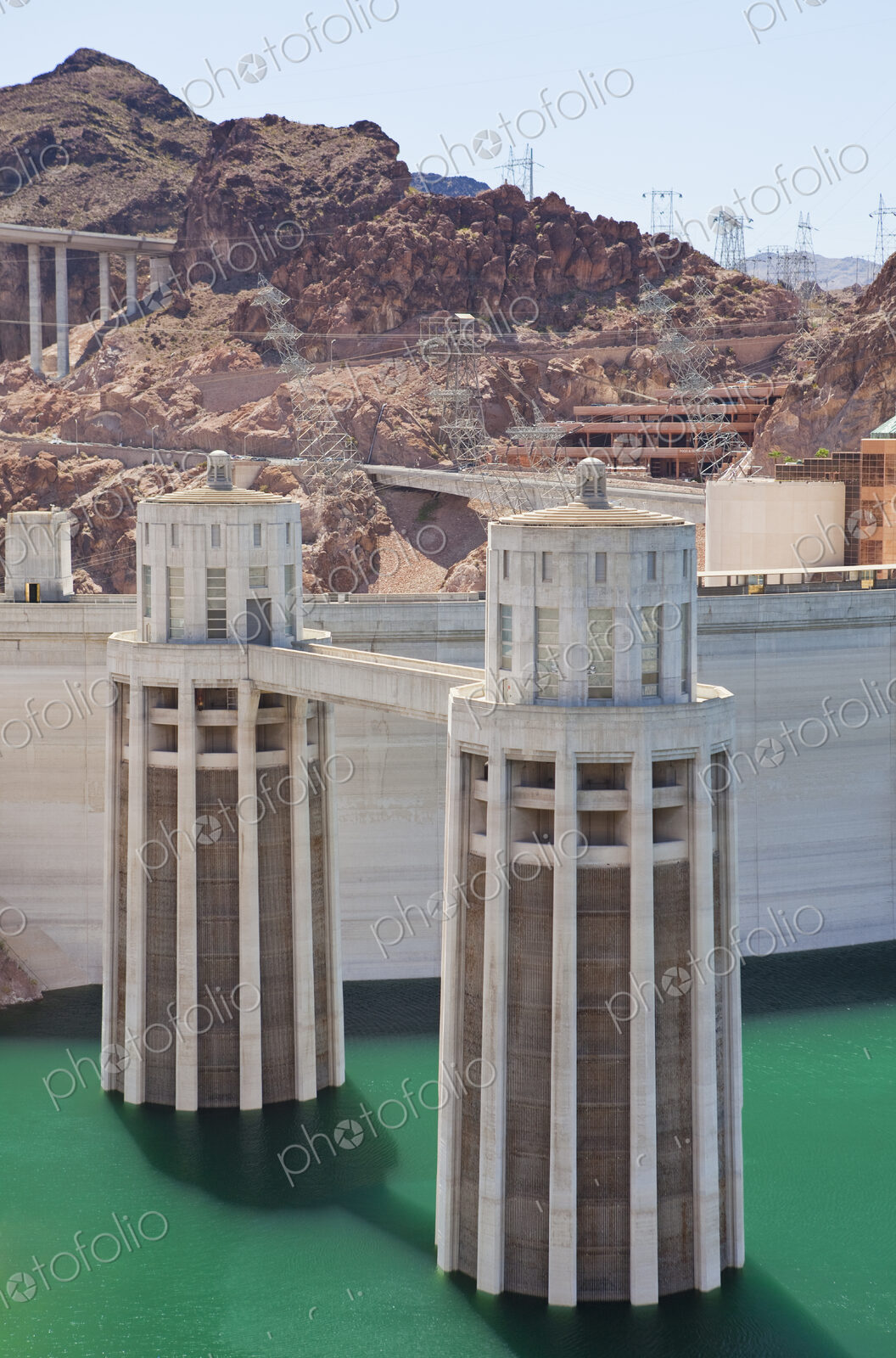 Intake tower and pedestrian bridge at Hoover Dam and Lake Mead.