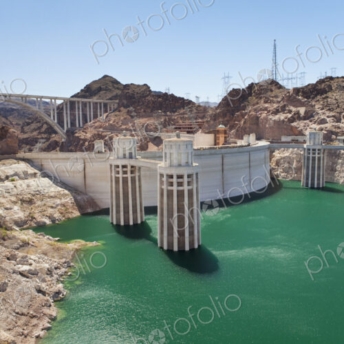 Intake tower and pedestrian bridge at Hoover Dam and Lake Mead. Intake tower and pedestrian bridge at Hoover Dam and Lake Mead.