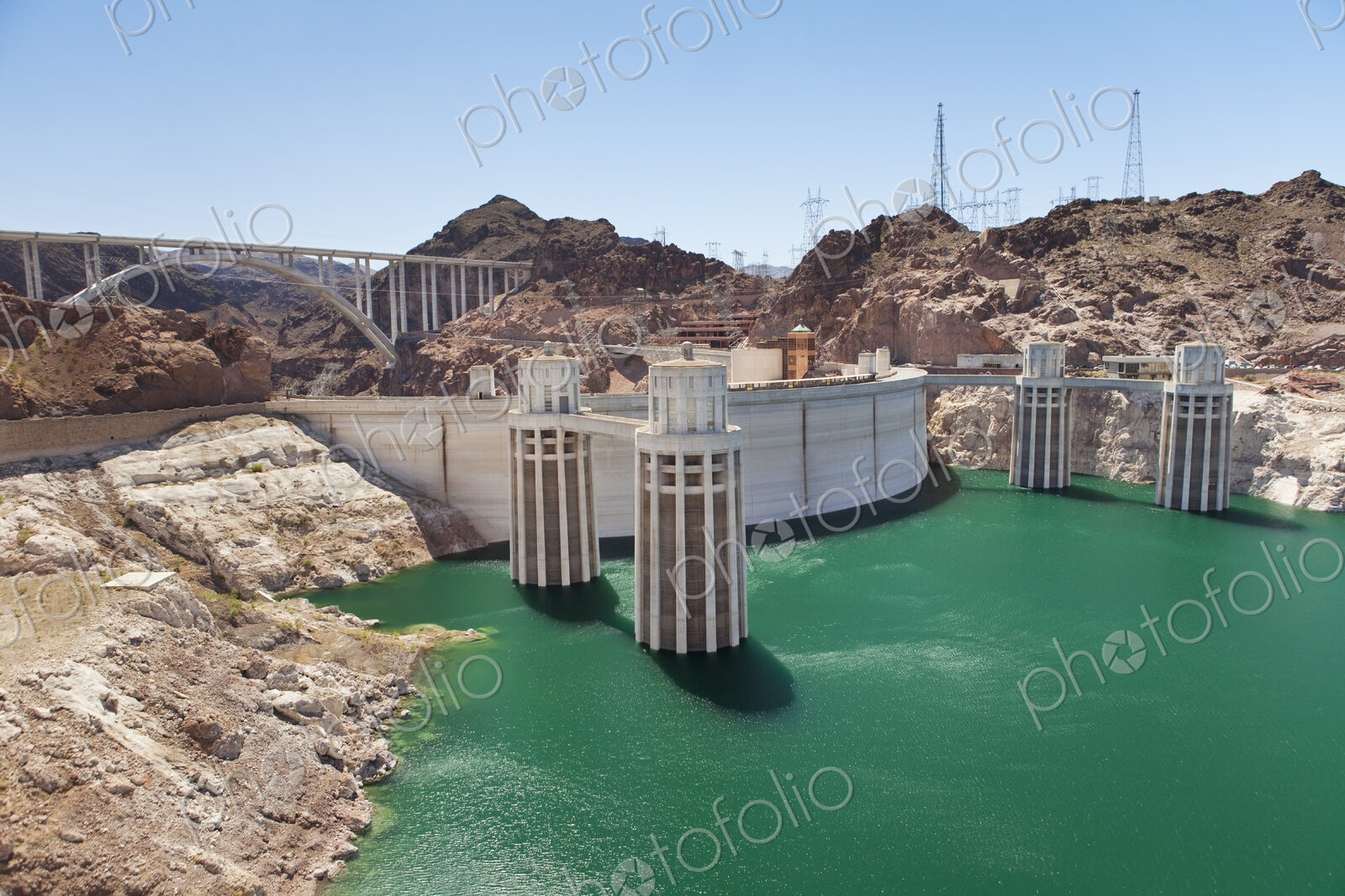 Intake tower and pedestrian bridge at Hoover Dam and Lake Mead.