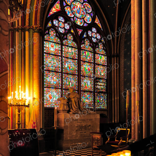 Interior of Notre Dame cathedral in Paris, before the fire of 2019, a stained glass…