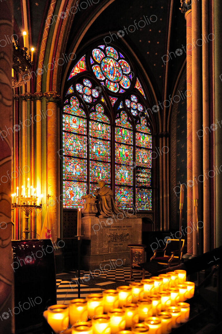 Interior of Notre Dame cathedral in Paris, before the fire of 2019, a stained glass…