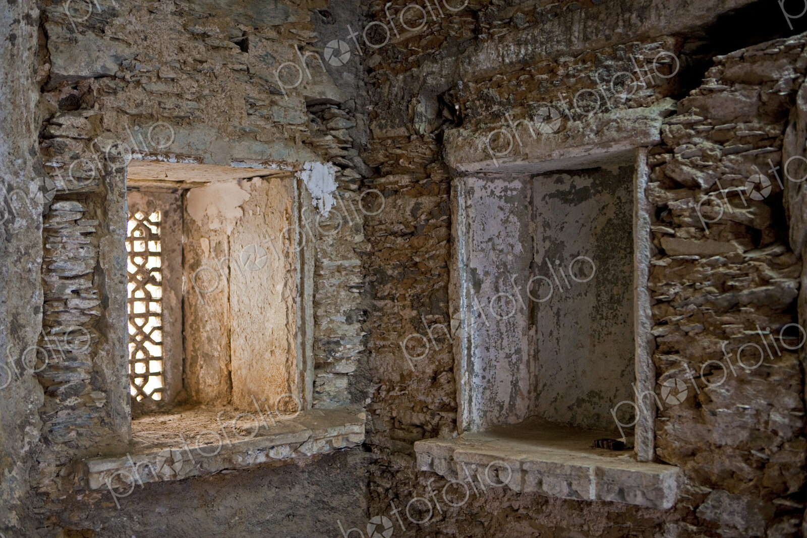 Interior of a building in Udaipur, a museum, haveli with carved window screens, and…