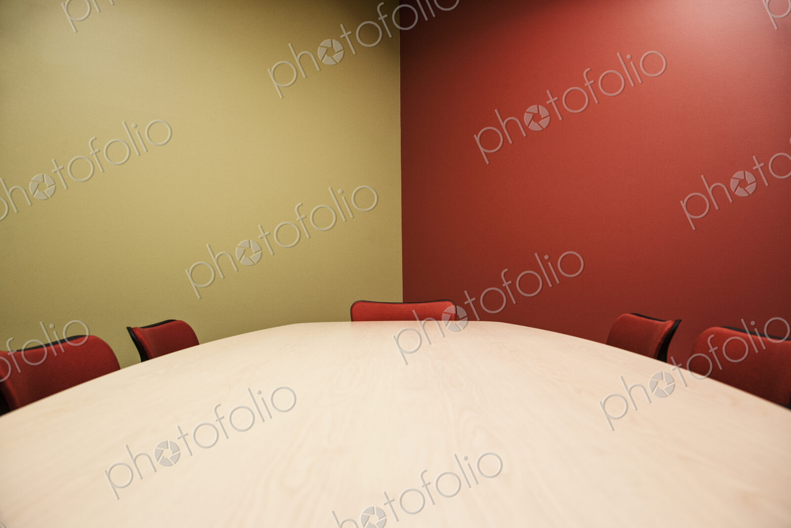 Interior of a very colorful office conference room.