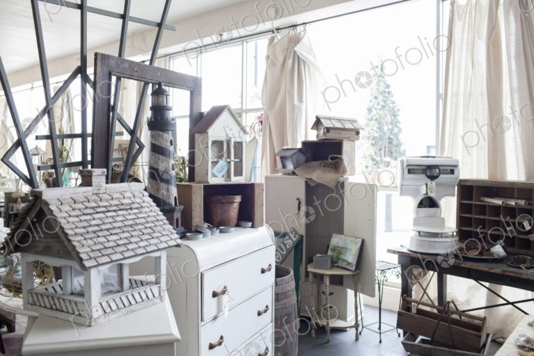 Interior of an antique store showing a number of products for sale.