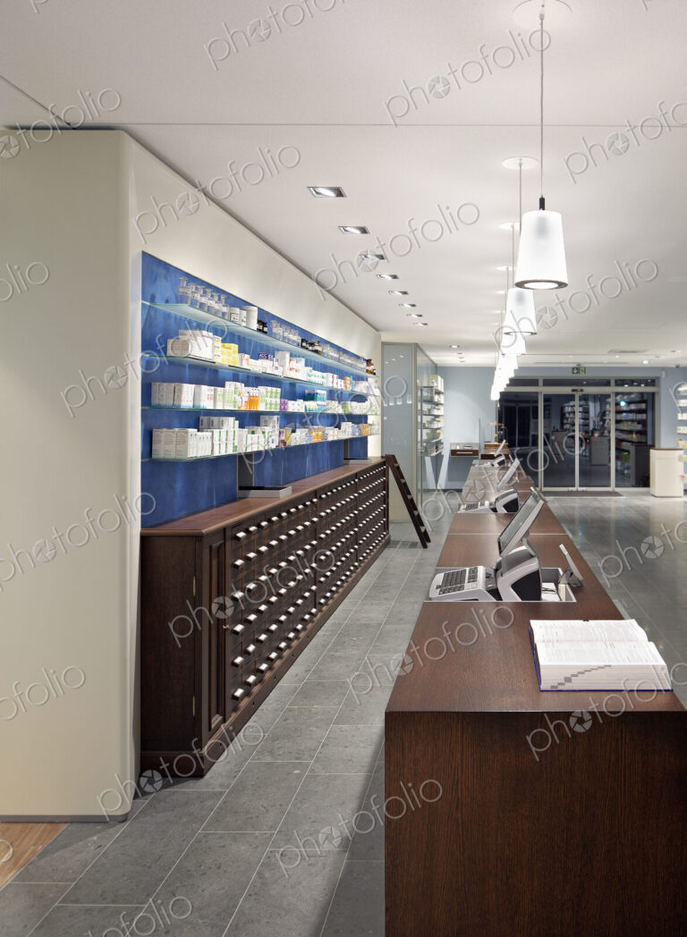 Interior of empty modern pharmacy