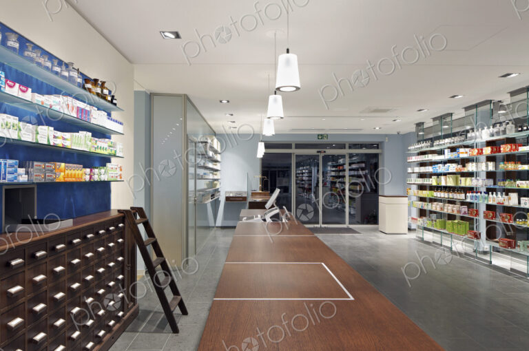 Interior of empty modern pharmacy