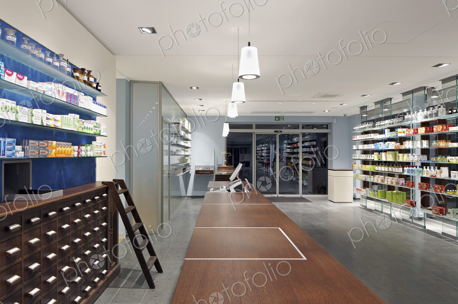 Interior of empty modern pharmacy