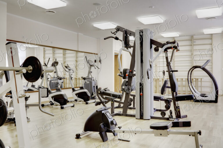 Interior view of a gymnasium, with exercise equipment.