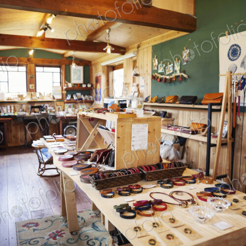 Interior view of a leather shop selling belts, bracelets and handbags. Interior view of a leather shop selling belts, bracelets and handbags.