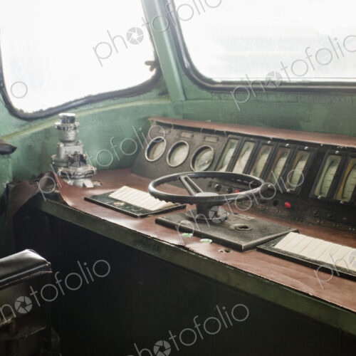 Interior view of a locomotive train cab.