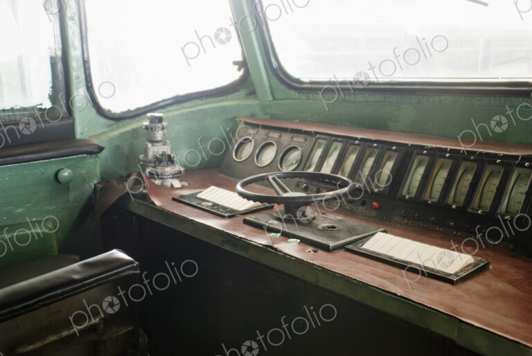 Interior view of a locomotive train cab.
