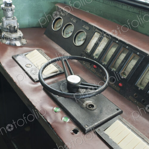 Interior view of a locomotive train cab.