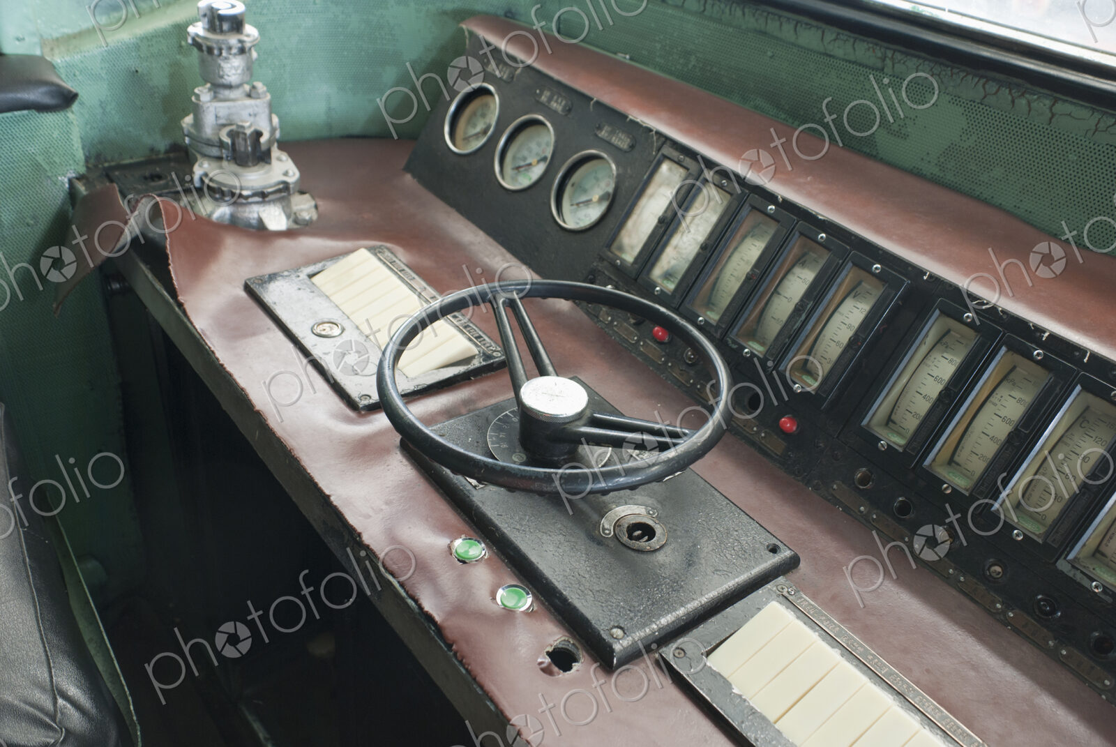 Interior view of a locomotive train cab.