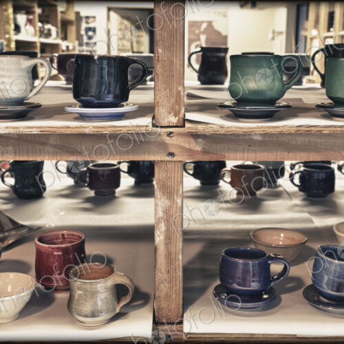 Interior view of a potter's workshop in Hockinson, Washington, shelves of fired… Interior view of a potter's workshop in Hockinson, Washington, shelves of fired…