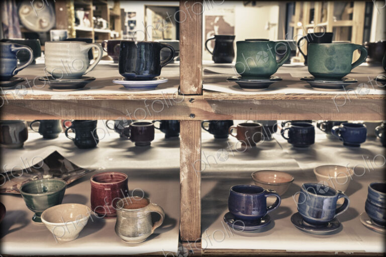 Interior view of a potter's workshop in Hockinson, Washington, shelves of fired…