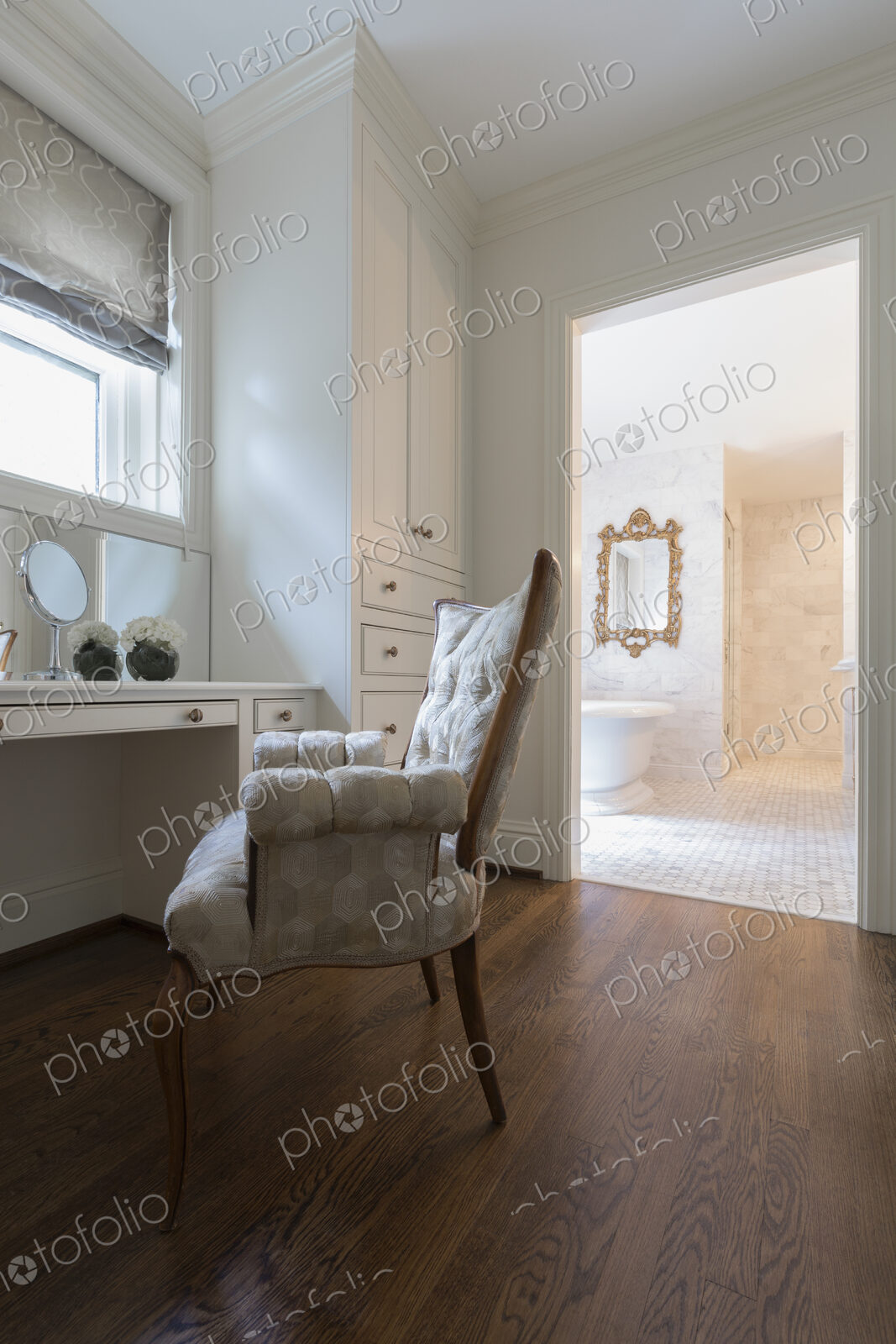 Interior view of a powder room and bathroom in a house in Virginia, USA.