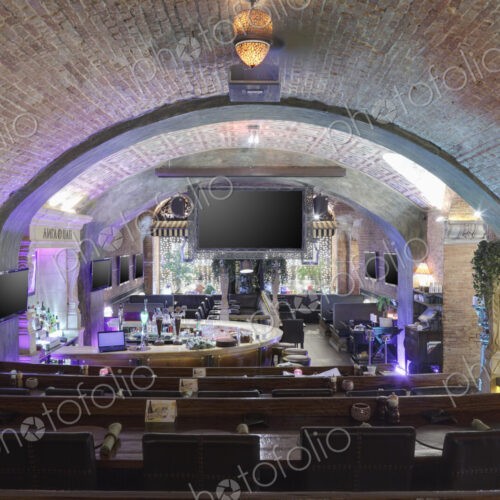 Interior view of a restaurant with vaulted ceiling in Moscow, Russia.