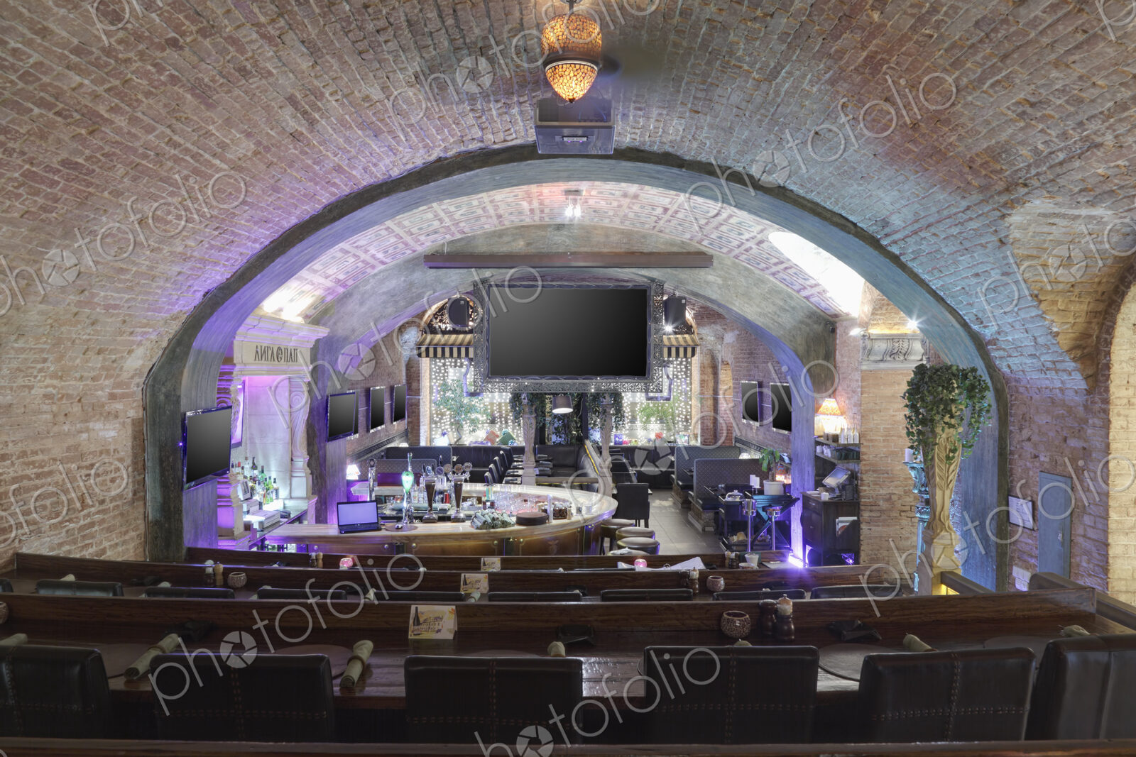 Interior view of a restaurant with vaulted ceiling in Moscow, Russia.