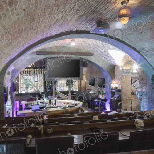 Interior view of a restaurant with vaulted ceiling in Moscow, Russia.