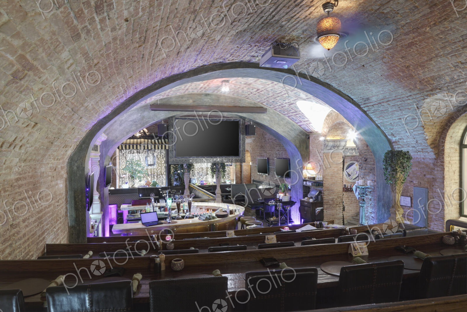 Interior view of a restaurant with vaulted ceiling in Moscow, Russia.