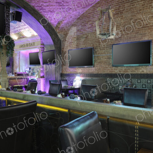 Interior view of a restaurant with vaulted ceiling in Moscow, Russia.