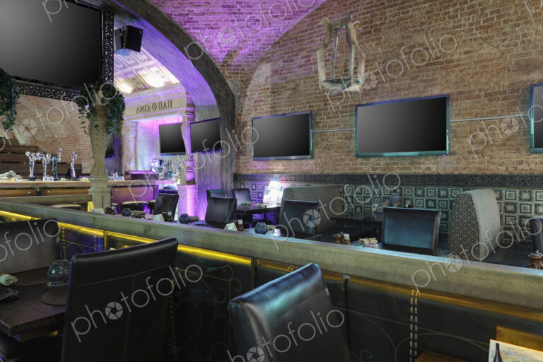 Interior view of a restaurant with vaulted ceiling in Moscow, Russia.