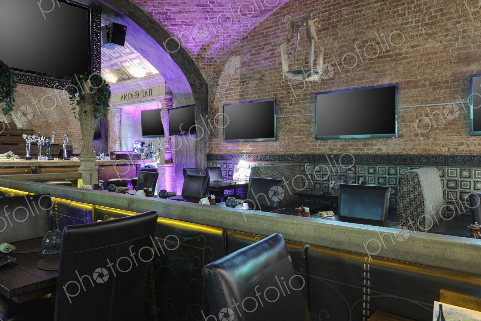 Interior view of a restaurant with vaulted ceiling in Moscow, Russia.