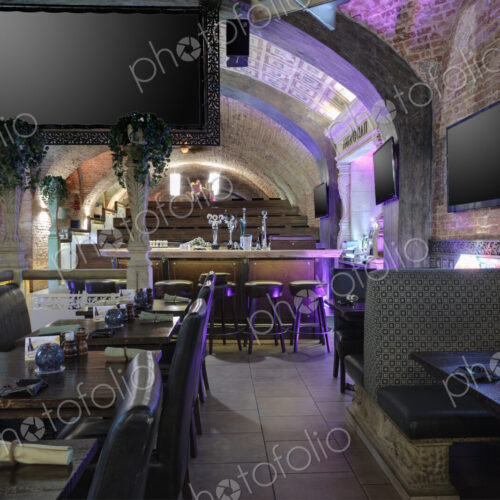 Interior view of a restaurant with vaulted ceiling in Moscow, Russia.