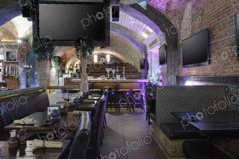 Interior view of a restaurant with vaulted ceiling in Moscow, Russia.