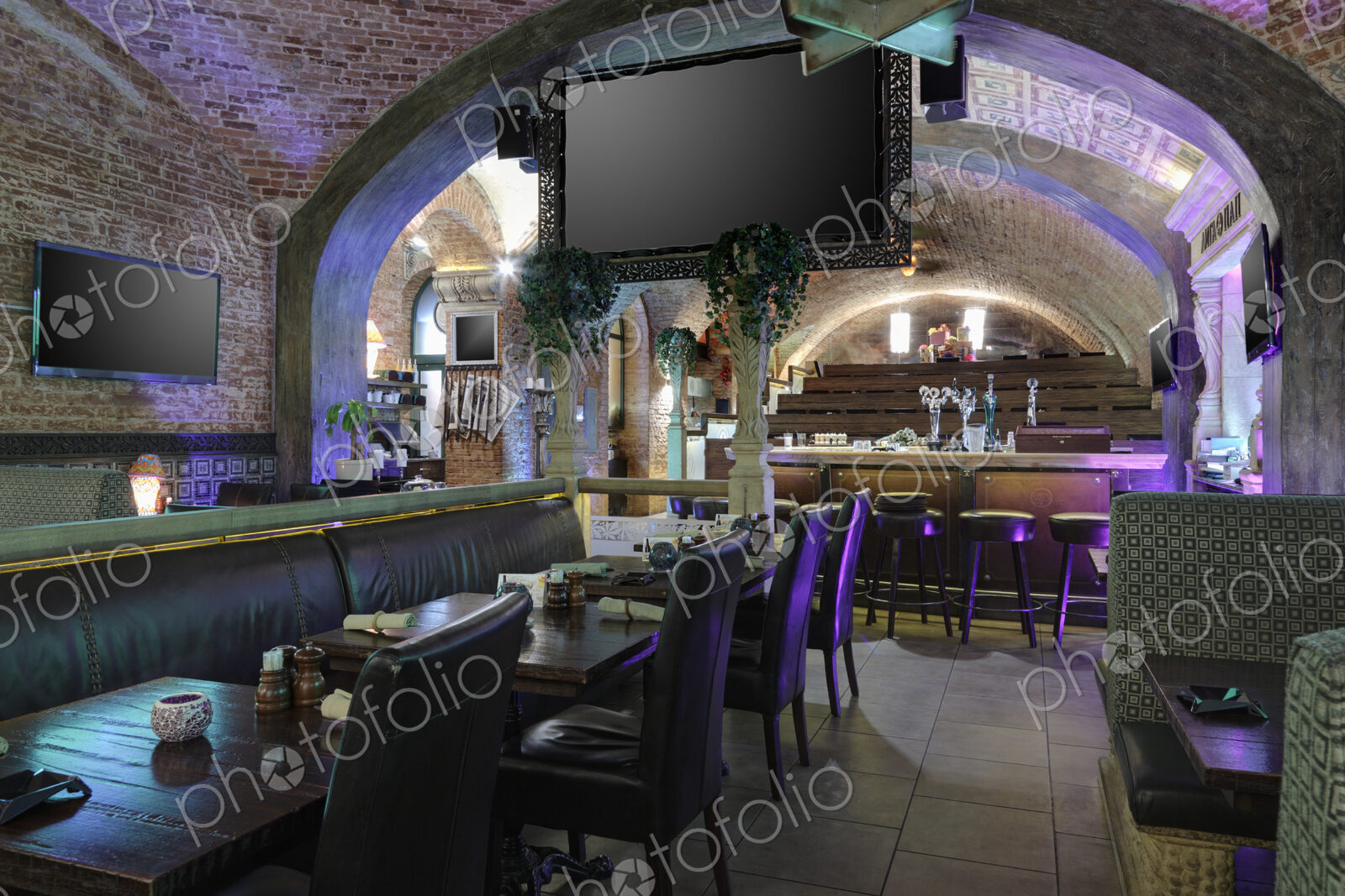 Interior view of a restaurant with vaulted ceiling in Moscow, Russia.