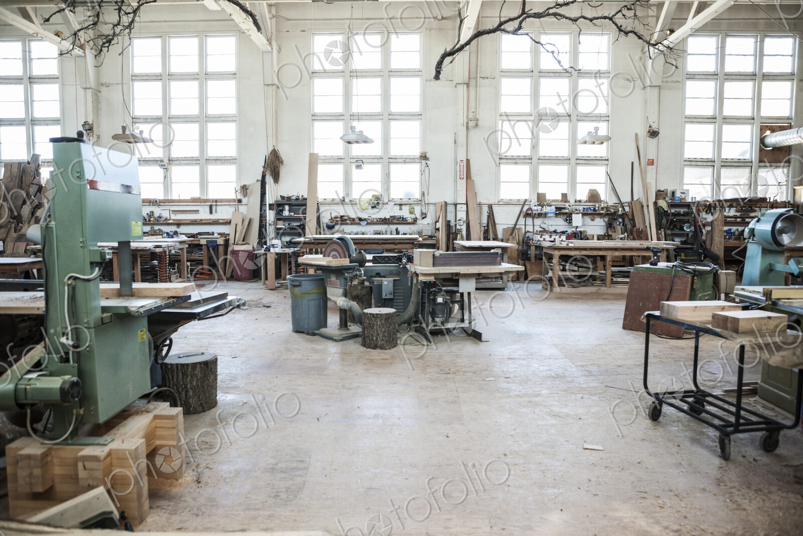 Interior view of machines in a woodworking factory.