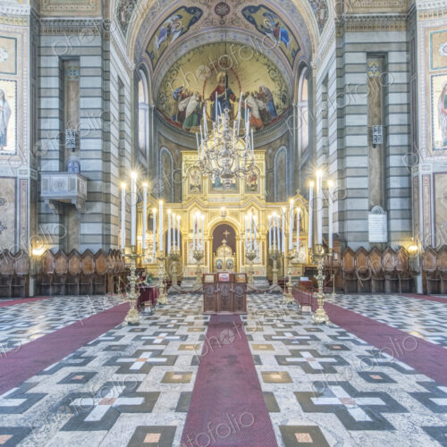 Interior view of the aisle of the Serbian Orthodox church Saint Spyridon Church,… Interior view of the aisle of the Serbian Orthodox church Saint Spyridon Church,…