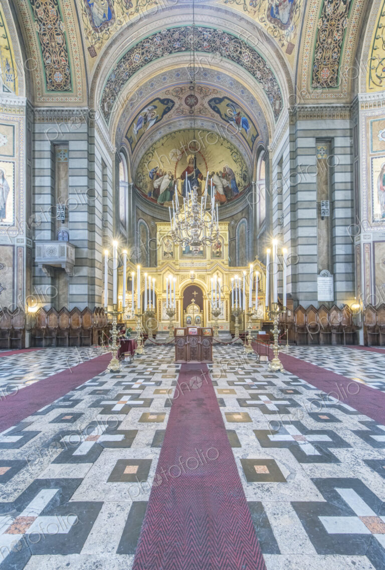 Interior view of the aisle of the Serbian Orthodox church Saint Spyridon Church,…