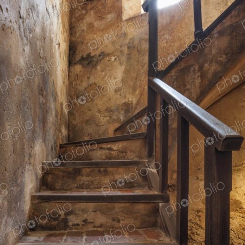 Interior view of the historic triangle staircase inside Castillo San Felipe del Morro,…