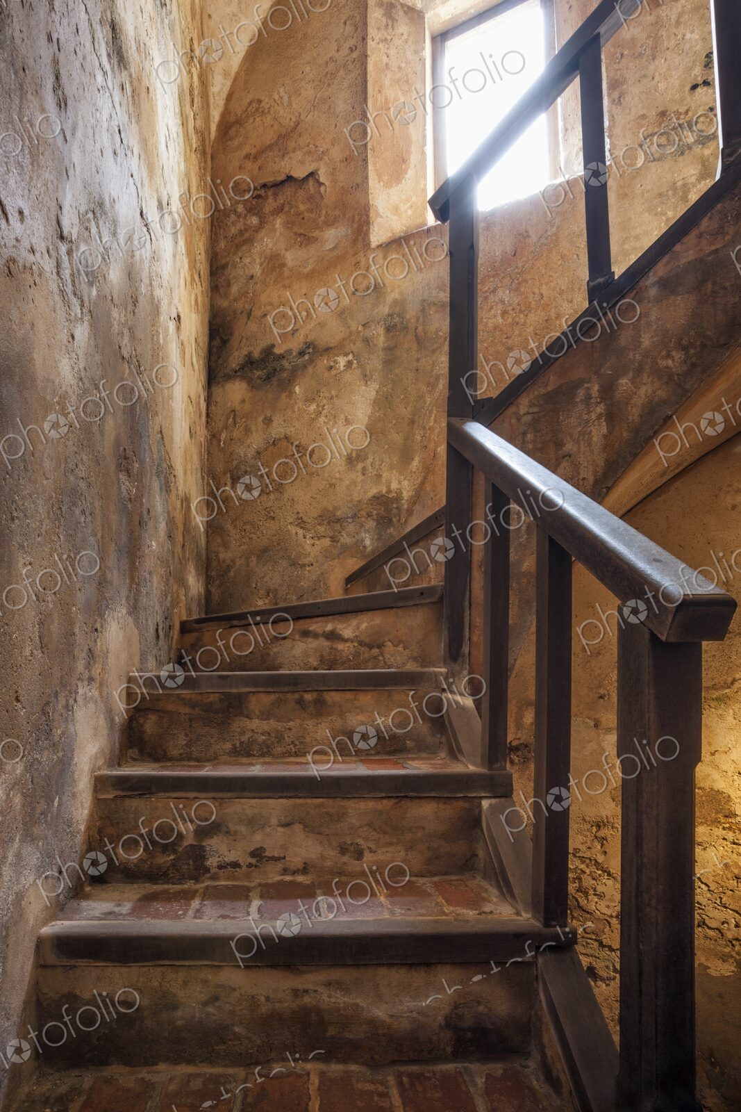 Interior view of the historic triangle staircase inside Castillo San Felipe del Morro,…